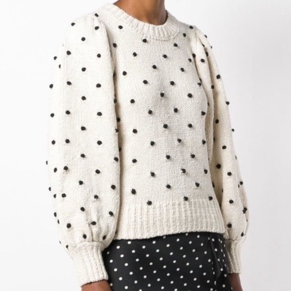 ULLA JOHNSON Womens Adalene Cream Black Pom Pom Puff Sleeve Cotton Sweater Sz M - Picture 5 of 11